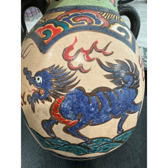 Vintage Hand-Painted Dragon & Phoenix Ceramic Vase two Handles Chinese Folk Art - Picture 6 of 6